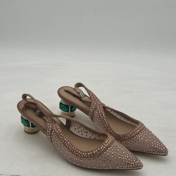 Women Pointed Toe Slingback Wedding Pumps Chunky Low Heel Rhinestone Sandals - Picture 2 of 8